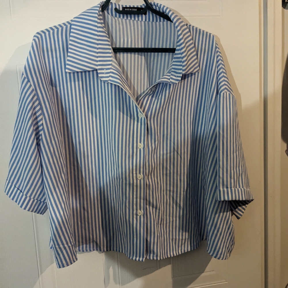 Shein Curves Boxy Blue & White Vertical Stripe Button-Down Cropped Shirt